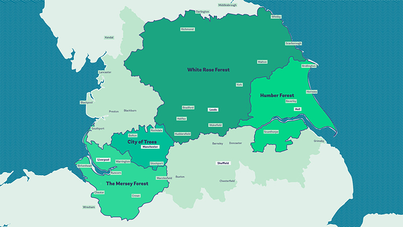 Map of the Northern Forest, showing the four Community Forests it is made up of.