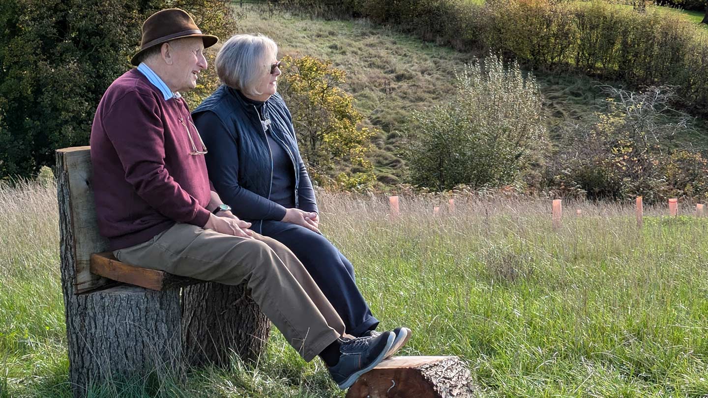 People sitting on bench in grassy field.
